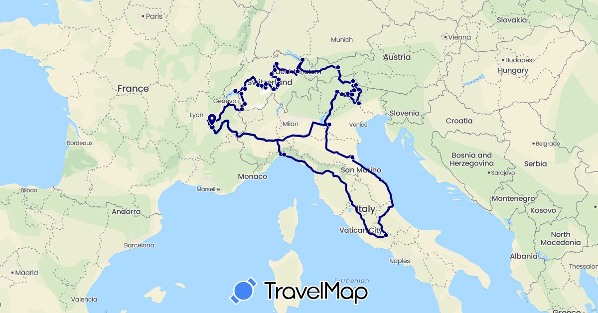TravelMap itinerary: driving in Austria, Switzerland, France, Italy, Liechtenstein (Europe)