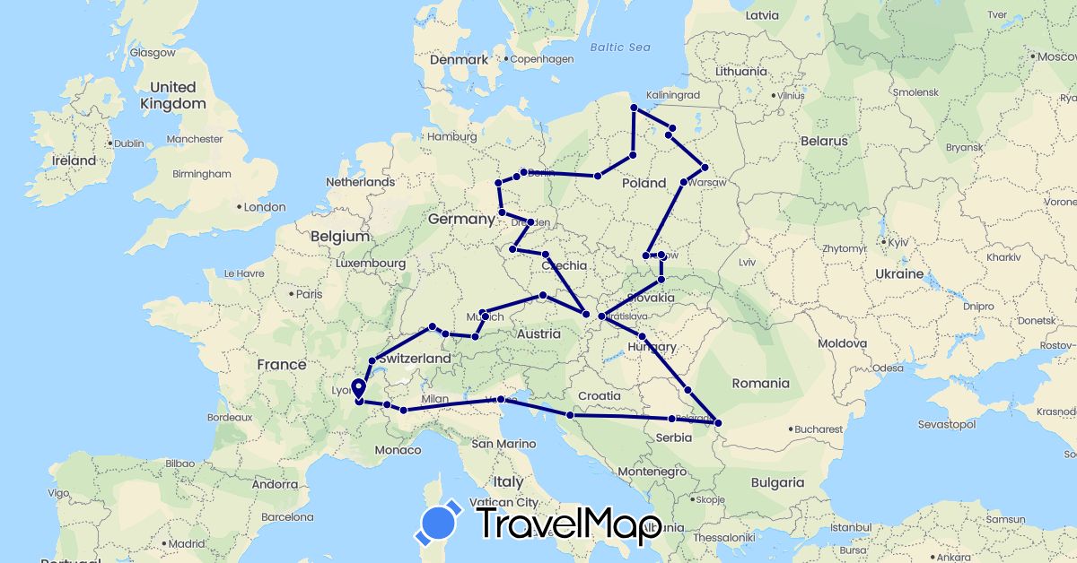 TravelMap itinerary: driving in Austria, Czech Republic, Germany, France, Croatia, Hungary, Italy, Poland, Romania, Serbia, Slovakia (Europe)